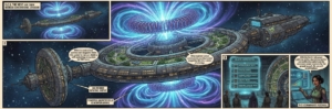 Generational starship with a central hub and rotating habitat, surrounded by spiraling energy rings in space.