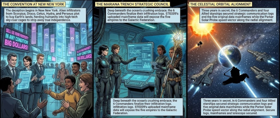 Three-panel sci‑fi comic page. Panel 1: 'The Convention at New New York' shows officials and civilians negotiating amid neon property ads. Panel 2: 'The Mariana Trench Strategic Council' with six commanders around a holographic console. Panel 3: 'The Celestial Orbital Alignment' depicts ships around Earth during a solar-event and a silhouetted figure in space.