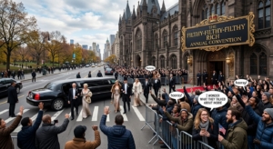 Elegant guests step from a black stretch limousine onto a crosswalk outside a grand stone convention hall, as a cheering crowd watches behind barriers.