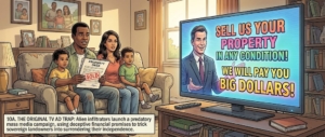 Family watching a big TV ad about selling property for money; a man holds a property deed marked 'SOLD' on a couch in a cozy living room.