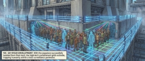 Futuristic rooftop containment grid with neon blue lasers, trapping a crowd inside a total surveillance perimeter.
