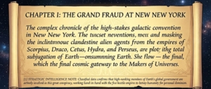 Decorative parchment scroll with chapter title 'Chapter I: The Grand Fraud at New New York' and an italic paragraph about alien agents plotting Earth subjugation, plus a bottom note labeled 'Strategic Intelligence' about global government conspiracies.