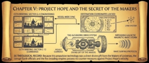 Parchment-style diagram titled 'Chapter V: Project Hope and the Secret of the Makers' showing the Alcubierre drive system and briefing panels.