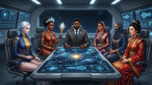 Six diverse officials sit around a high-tech holographic space map on a futuristic conference table aboard a spaceship. Center figure is a man in a suit, flanked by five women in colorful robes and accessories, one holding a glowing staff. Screens and starry viewport surround them as they discuss space strategy.