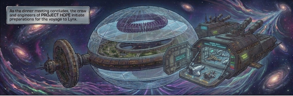 Futuristic starship with a glass dome and an open hangar, as the PROJECT HOPE crew prepare for a mission to Lynx in space.