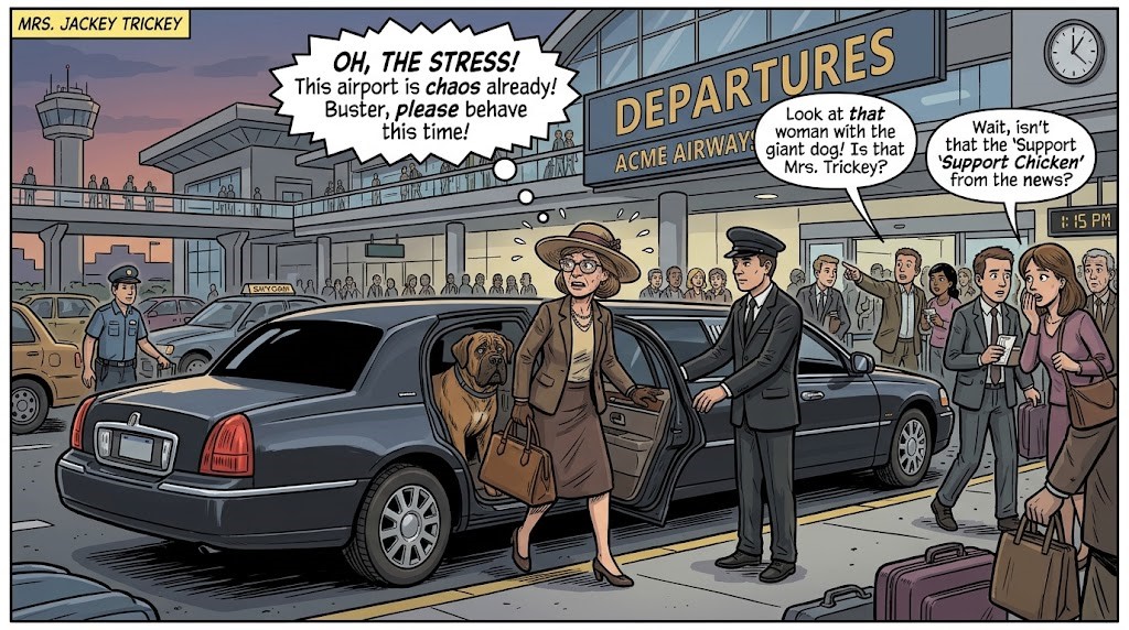 Cartoon at an airport departures area: a woman with a hat steps out of a black car, a large dog beside her, as a chauffeur helps and a crowd watches.