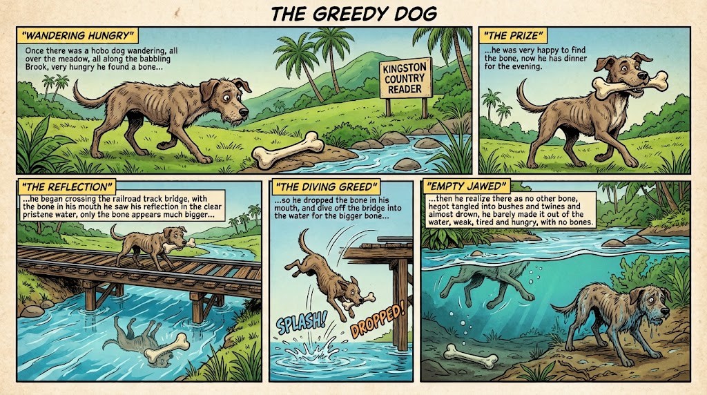 A scruffy, hungry dog wanders along a grassy riverbank toward a bone, with a Kingston Country Reader sign in the background.