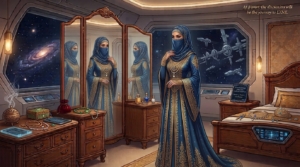 Woman in a blue and gold gown wearing a hijab stands in a luxurious space-age bedroom, with jewelry on a dresser and a view of space outside the window.