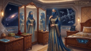Elegant woman in a blue embroidered gown and veil stands in a luxurious space-station cabin, jewelry laid out on a dresser, galaxy outside.