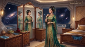 Elegant woman in emerald gown with gold embroidery stands before a folding mirror in a luxurious spaceship cabin, galaxies visible through the window at right.