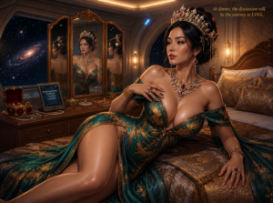 Regal woman in an emerald gown and diamond crown reclines on a gold bed in a luxurious room, with a starry space window.