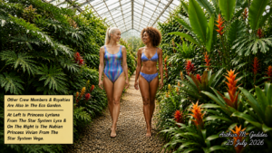 Two women in swimsuits walk barefoot down a pebble path in a glasshouse garden; left sign with text, bottom-right date.