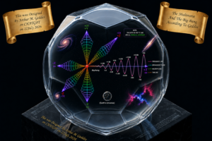 Crystal ball containing a colorful physics diagram of the Big Bang, spiral waves, and frequency/time lines illustrating parallel universes; decorative gold banners on sides.
