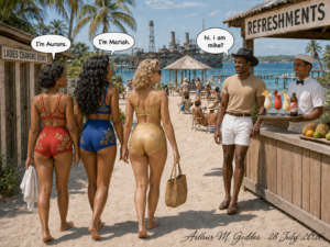 Four women in vintage swimsuits walk toward a beachside refreshment stand as two men greet them; signs read REFRESHMENTS and LADIES CHANGING ROOMS. Palm trees and ocean in background.