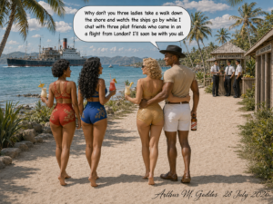 Four adults in vintage swimsuits stand on a sunny tropical beach, holding colorful drinks as a ship sails in the bay and a refreshment hut sits nearby; a speech bubble delivers a joke.
