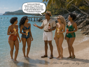 Five people stand on a sunny beach in swimsuits; a man in a hat gestures while holding a bottle, as a speech bubble presents a wedding anniversary invitation.