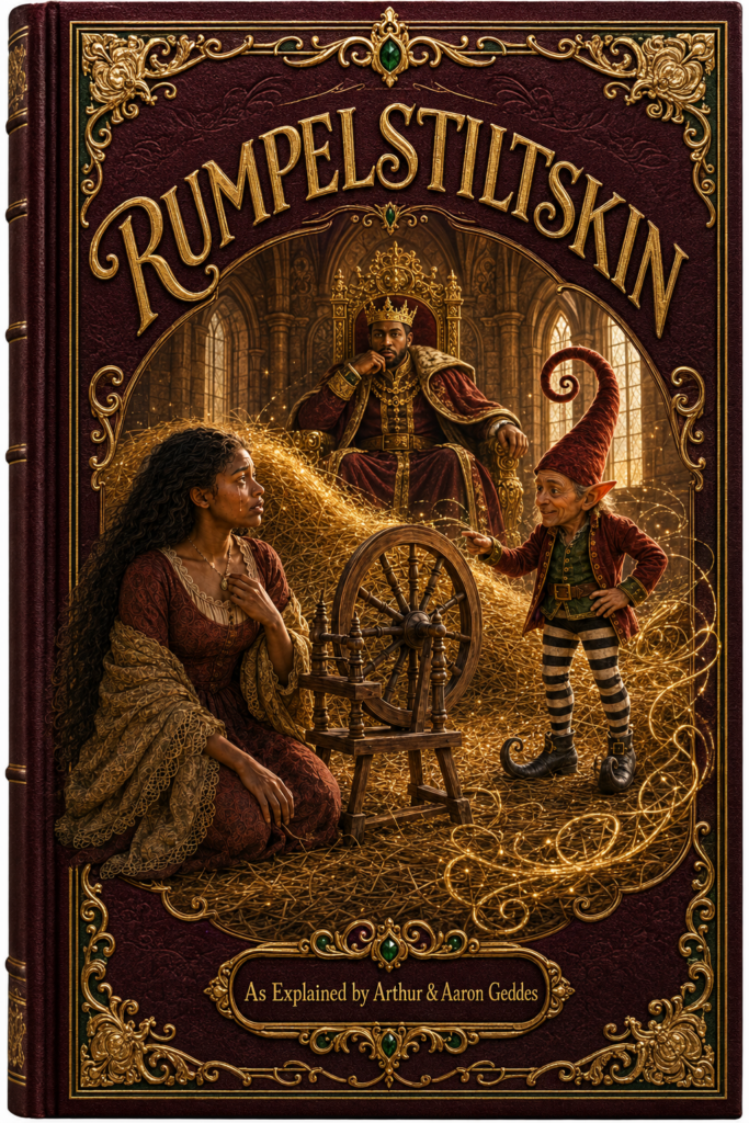 Book cover for a fairy tale: Rumpelstiltskin, ornate gold frame, a woman kneels by a spinning wheel as a crowned king observes, in a medieval hall