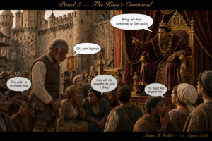 King sits on an ornate throne delivering a royal command to a gathered crowd outside a castle, with villagers reacting anxiously.
