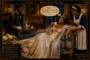 Regal scene: a Black princess reclines on an ornate gold-and-blue sofa, sipping tea as her maid serves cookies; a servant carries a silver tea set on a tray in a grand room.