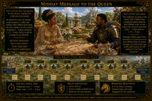 Queen and captain in ornate dress discuss a relay‑type mission over a map at a garden table with pastries and flowers nearby, fronted by black panels of text.