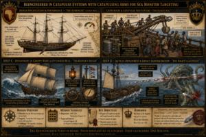 Informational infographic titled 'Reengineered in Catapulse Systems with Catapulsing Arms for Sea Monster Targeting' showing four ship designs, crew roles, and weapon systems with labeled details for sea-monster combat.