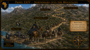 Caravan of armored riders climbs a rocky mountain pass with labeled route markers and a coastal base to the left; a game panel scene.
