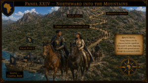 Illustrated expedition map: armored riders lead a caravan up a rocky mountain trail, with relay posts, a coastal base to the left, a route note panel on the right, and a compass rose nearby.