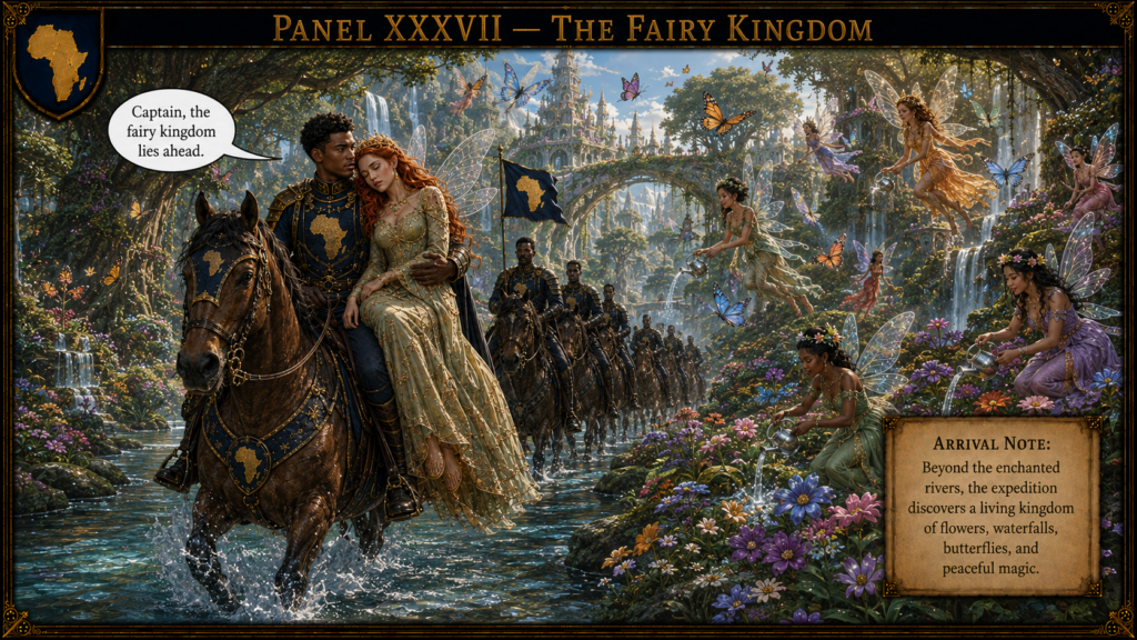 A regal procession: armored riders march through a lush fairy-tavored forest, with a couple riding a horse and a speech bubble saying, 'Captain, the fairy kingdom lies ahead.'