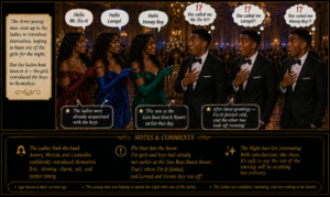 Three ladies in sparkling dresses flirt with three men in tuxedos at a formal gala, with dialogue bubbles naming each man and reactions above them.