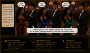 Four formally dressed couples in a ballroom shake hands; speech bubbles say 'Hello Mr. Fix-It', 'Hello Leroyd', and 'Hello Honey Boy' as they greet each other.
