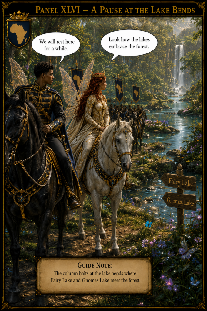 Royal couple on ornate horses with fairy wings ride along a forest lake, followed by troops; signposts point to Fairy Lake and Gnomes Lake.