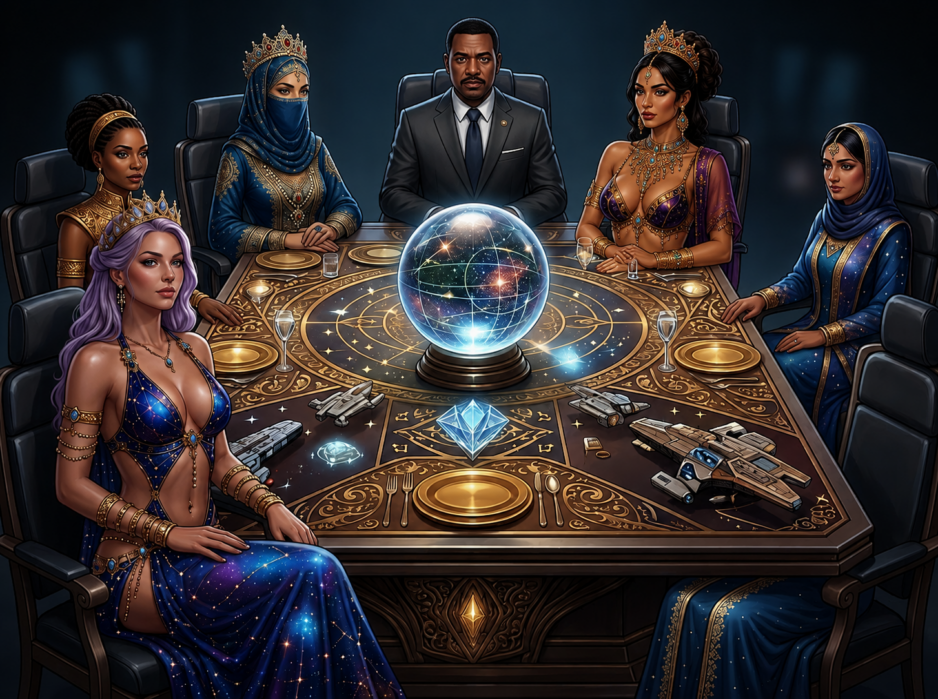 Six royalty-clad individuals sit around an ornate table with a glowing crystal ball, planning a cosmic consultation by a starry map centerpiece.