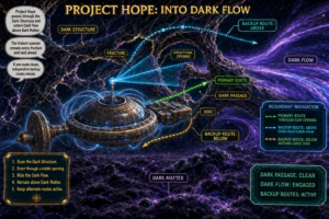 Diagram of Project Hope navigating dark matter with routes: primary, backups, and exits marked around a futuristic ship.