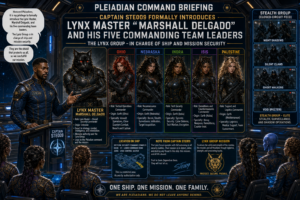 Futuristic briefing room where Captain Steoog introduces Lynx Master Marshall Delgado and five armed team leaders on a starship wall panelled with colored cards.