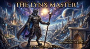 Book cover: armored lynx warrior with a ornate staff standing on a circular platform amid a futuristic fantasy city of towers and bridges under a starry sky.