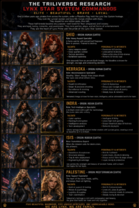 Infographic of the Lynx Star System Commandos roster with character portraits and bios for Ohio, Nebraska, Indra, Isis, and Palestine.