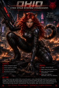 Red-haired woman with cat ears in black armor crouches on rubble, holding a large rifle amid a burning city—poster for Ohio Lynx Star System Commando: Heavy Assault Specialist.