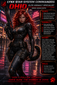 Red‑haired woman in black armored suit with cat ears, holding a large rifle in a neon city backdrop; side panels summarize talents, personality, history, and skills.