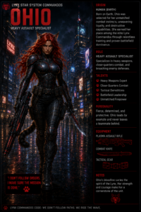 Profile poster of Ohio, a red‑haired armored heavy assault specialist with a large rifle and combat knife, standing in a neon city backdrop; right panel lists Origin: Human (Earth), Role: Heavy Assault Specialist, Talents, Personality, Equipment.