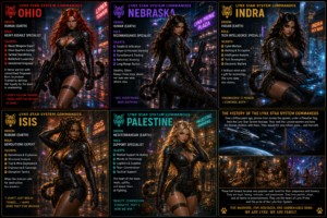 Ohio: Armored female heavy assault specialist posed in a neon city, with origin, role, and talents listed.