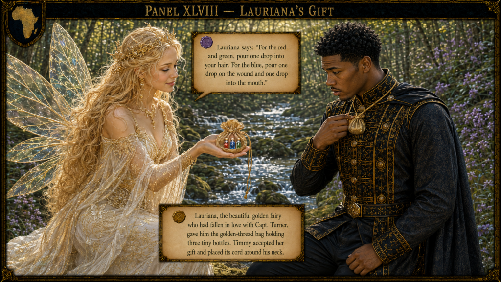 Golden-haired fairy in an ornate gown hands a jeweled pouch with colored bottles to a regal man in gold-embroidered black attire by a forest stream.