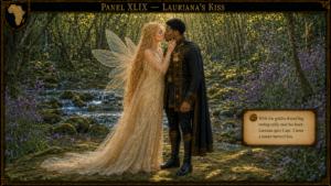 Fairy-tale scene: a blonde, gold-winged woman kisses a dark-haired man in ornate black-and-gold robes by a sunlit forest stream.