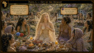 Panel L: A central blonde fairy in an ornate ivory gown sits at a lavish fruit-filled banquet in a garden, surrounded by smiling fairies with glittering wings; speech bubbles dialog appears.