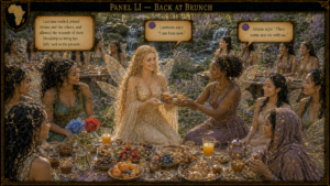 A fairy-themed brunch; a blonde fairy in gold hands pastries to a dark-haired fairy while others in shimmering gowns share a feast outdoors.