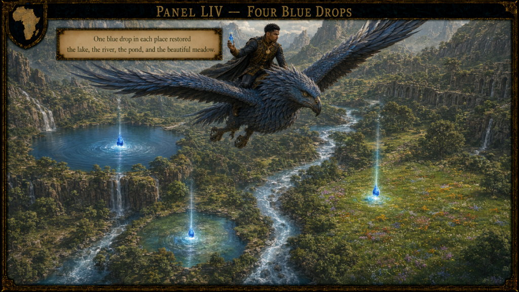 A man in ornate armor rides a blue dragon over a lush valley, as four glowing blue drops fall into ponds and a river below.