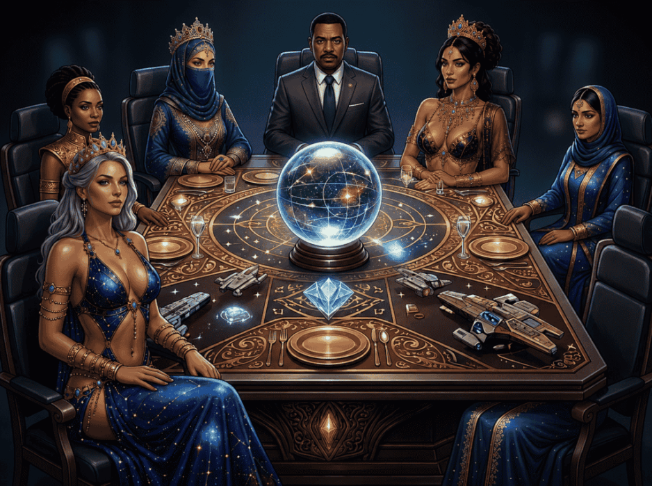 Six royally dressed figures sit around an ornate table with a glowing crystal globe at center, suggesting a high-stakes consultation.