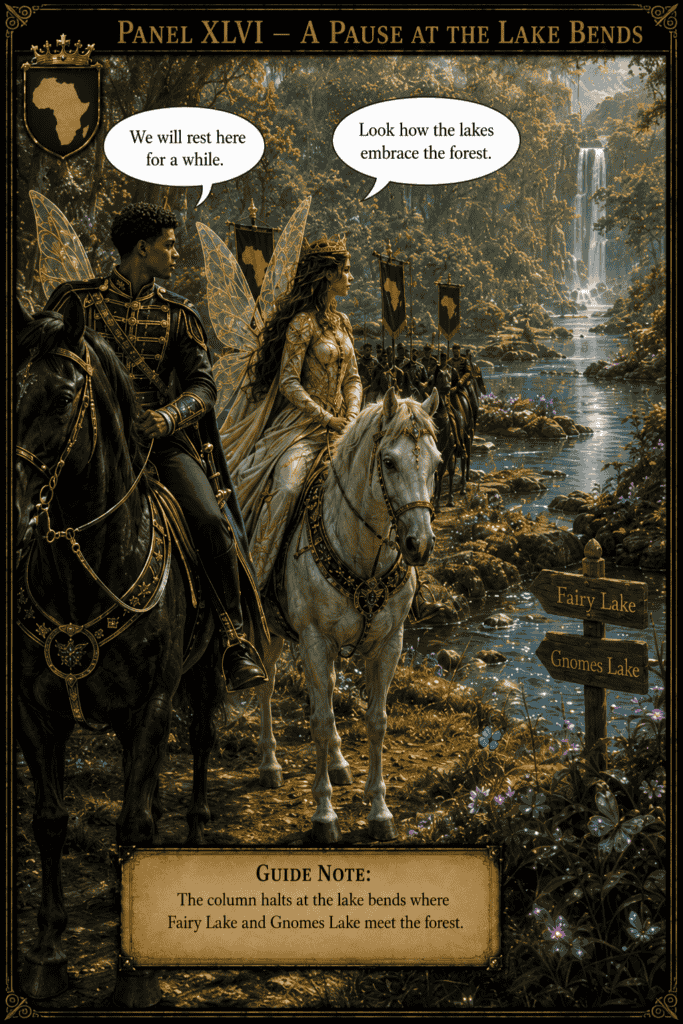 Fantasy panel with knights on horseback pausing beside a lake where a forest meets the water; signposts read Fairy Lake and Gnomes Lake.