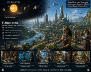 Infographic-style poster of Planet Zhobe in the Lynx Star System showing a futuristic city, sun, and multiple daily life scenes at the bottom panel.