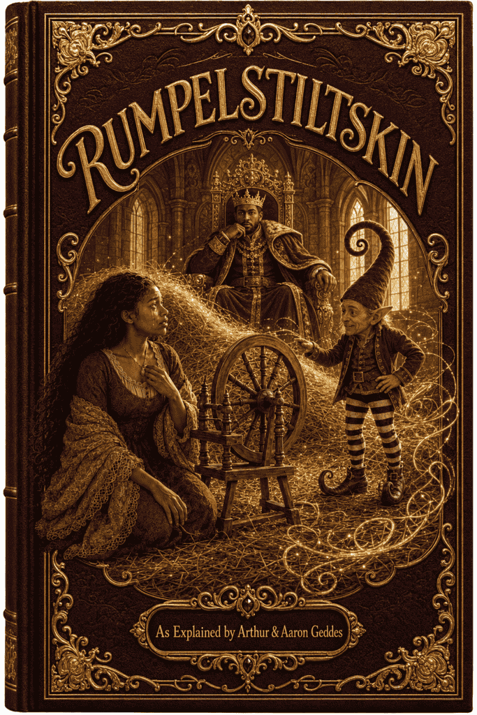 Ornate brown book cover for 'Rumpelstiltskin' showing a king on a throne, a woman spinning, and a gnome-like helper near a spinning wheel.
