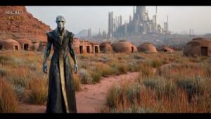 Tall alien figure in long dark robes stands on a desert path among scrub and dome-shaped huts, with a distant futuristic city skyline on the horizon.